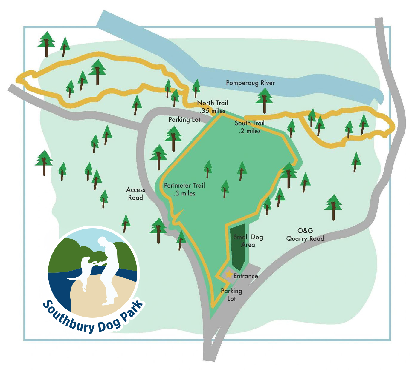 Map of Southbury Dog Park showing the parking lots, entrance, small dog area, and the Perimeter, North, and South Trails along the Pomperaug River